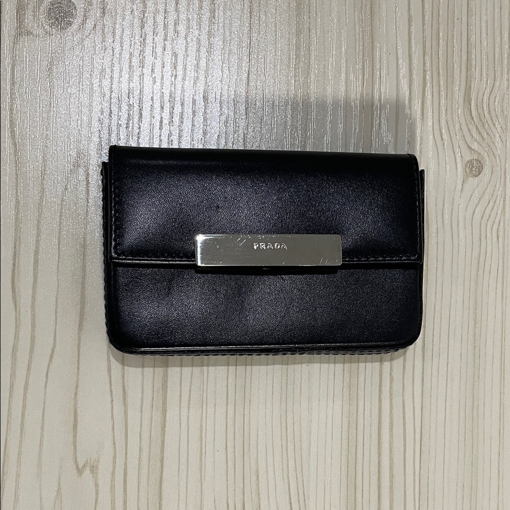 Prada Black Leather Card Case with Silver Detail - Authentic - NWOT